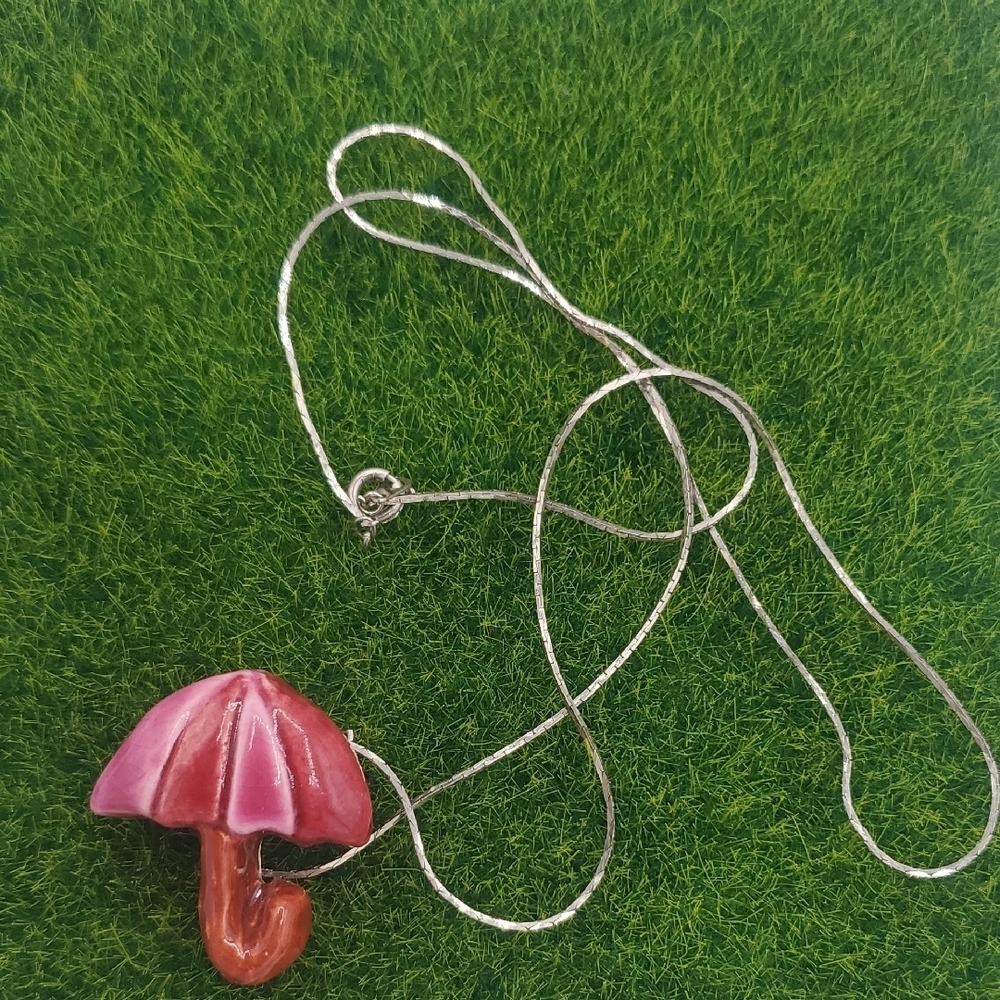 Pink Umbrella Pendant Repurposed Brooch Necklace Chain 24 Inch N3602